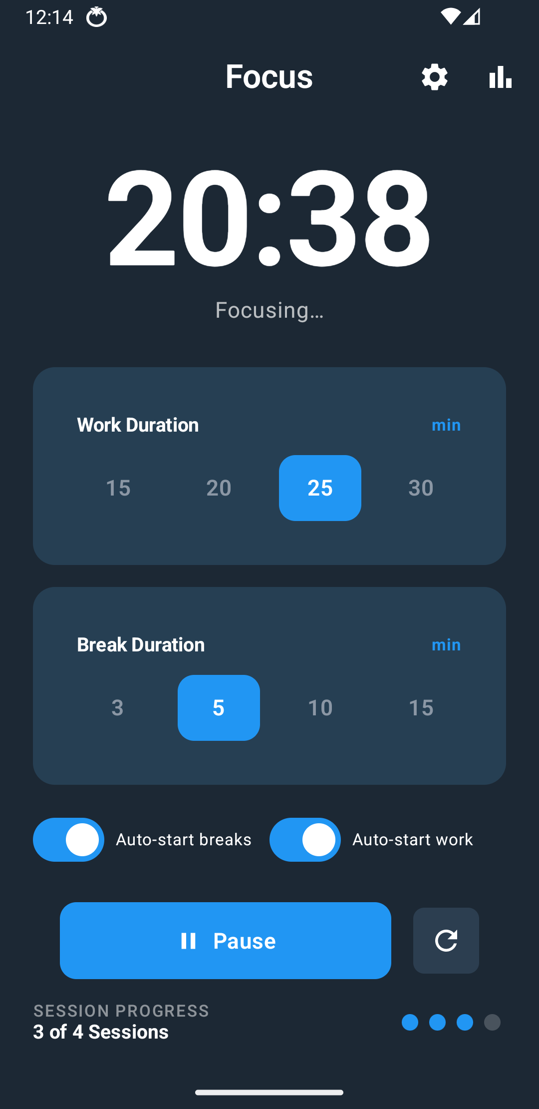 Pomodoro timer main screen