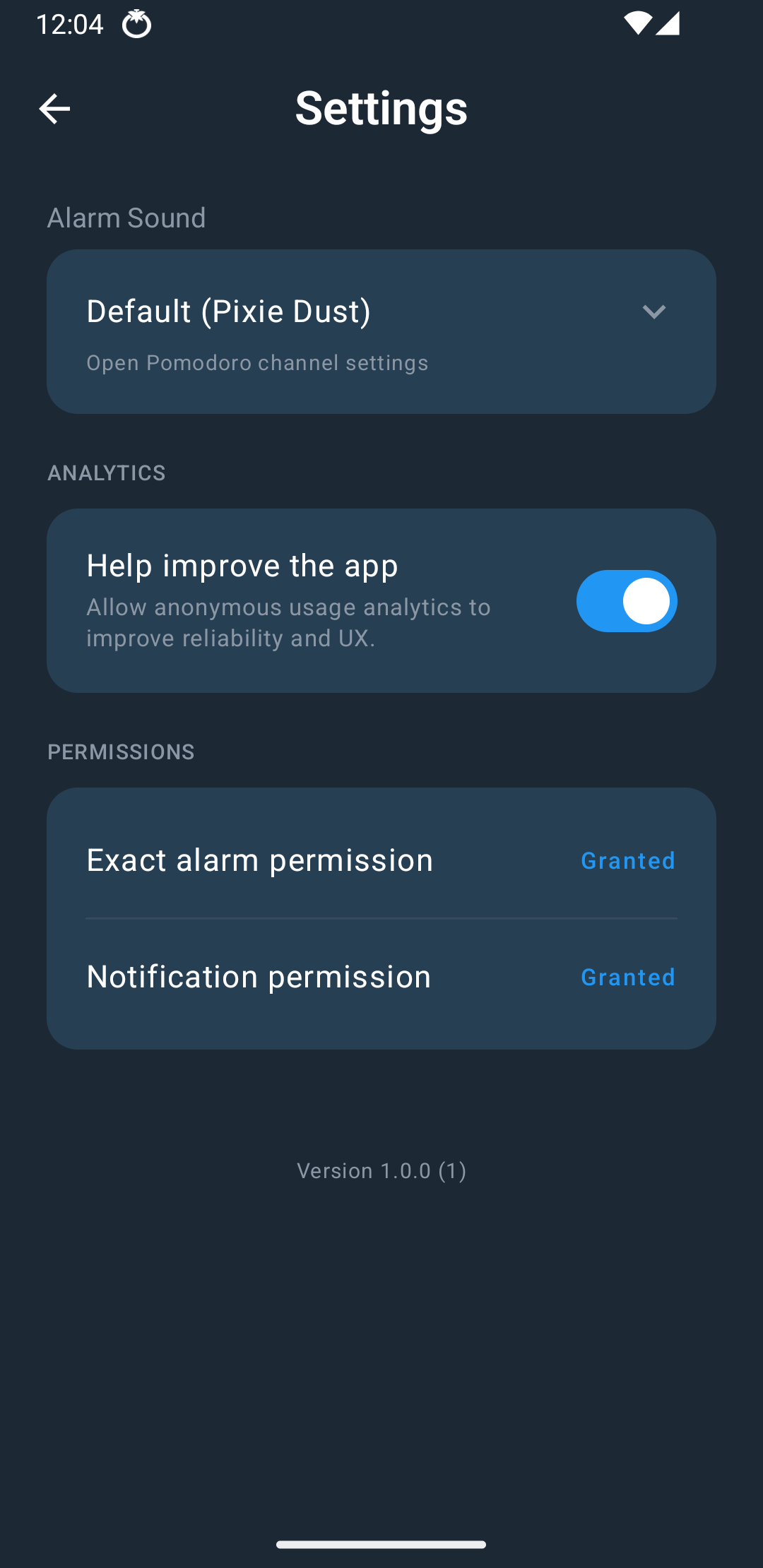 Pomodoro settings screen